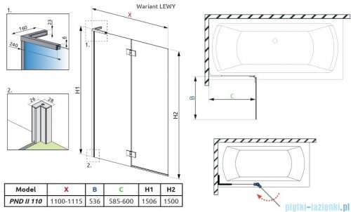 Radaway Essenza 8 SL PND II parawan nawannowy 110cm lewy chrom połysk/przejrzyste 10500110-01-01L