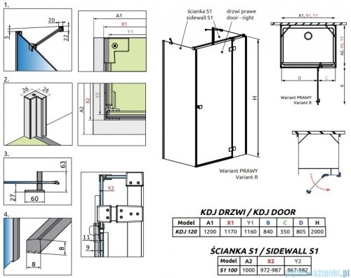 Radaway Essenza Brushed Gold Kdj+S kabina 100x120x100cm prawa szczotkowane złoto 1384052-01-01/1385024-99-01R/1384052-01-01