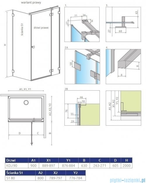 Radaway Essenza Pro White Kdj kabina 90x80cm prawa szkło przejrzyste 10097090-04-01R/10098080-01-01