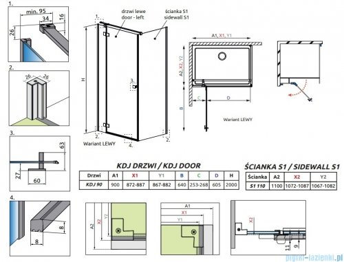 Radaway Essenza Kdj Brushed GunMetal kabina 90x110cm lewa szczotkowany grafit 1385044-92-01L/1384053-01-01