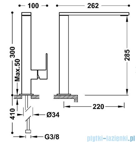 Tres CUADRO Bateria umywalkowa wysoka z boczną dźwignią złota 00648501OR