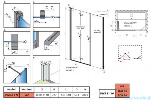 Radaway Nes Brushed Nickel DWSB drzwi wnękowe 110cm W3 lewe szczotkowany nikiel szkło przejrzyste 10044650-91-01L/10045450-01-01