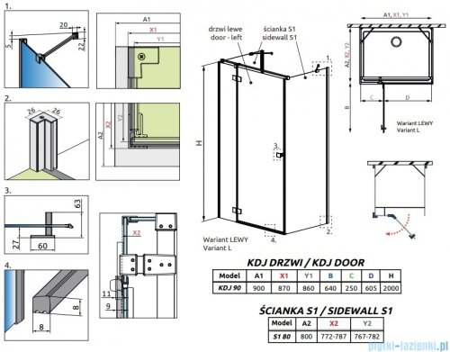 Radaway Essenza Brushed Gold Kdj+S kabina 80x90x80cm lewa szczotkowane złoto 1384051-01-01/1385020-99-01L/1384051-01-01