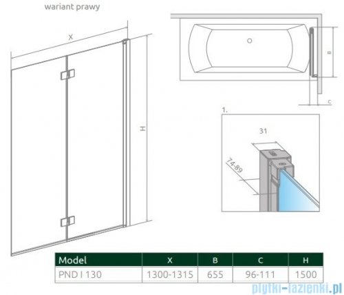 Radaway Nes Pnd I parawan nawannowy 130cm prawy przejrzyste 10010130-01-01R