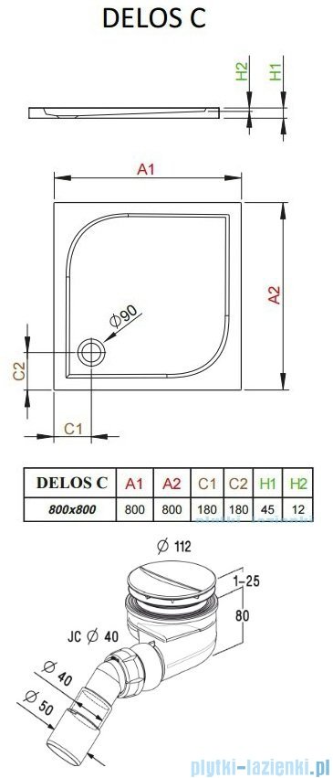 Radaway Torrenta Kdj kabina kwadratowa 80x80 lewa szkło przejrzyste + Brodzik Delos C + syfon 32212-01-01NL