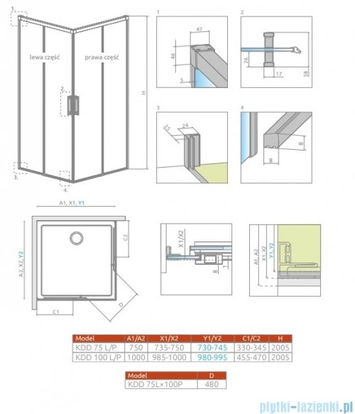 Radaway Idea Kdd Brushed GunMetal kabina 75x100cm szczotkowany grafit 387066-92-01L/387062-92-01R