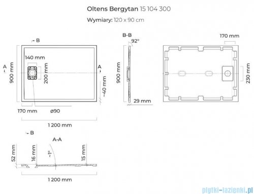 Oltens Bergytan brodzik prostokątny 120x90 cm RockSurface czarny mat 15104300