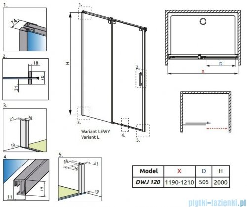 Radaway Espera DWJ Drzwi wnękowe przesuwne 120 lewe szkło przejrzyste 380595-01L/380212-01L