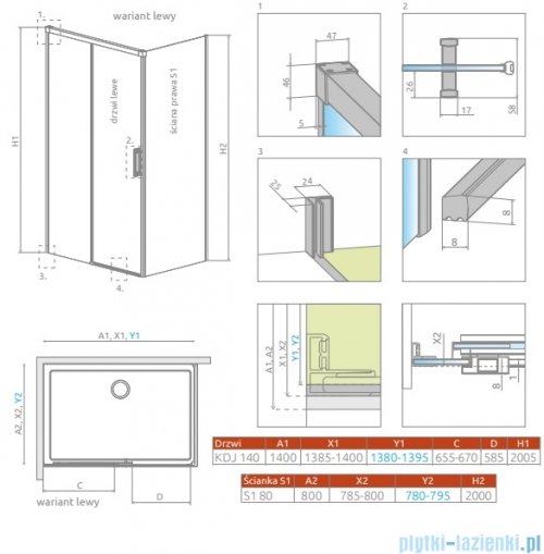 Radaway Idea Kdj Brushed Nickel kabina 140x80cm lewa szczotkowany nikiel 387044-91-01L/387051-91-01R