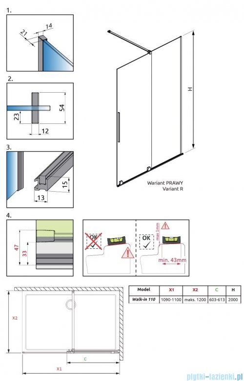 Radaway Furo SL Brushed Nickel kabina Walk-in 110x200cm prawa szczotkowany nikiel 10306588-91-01R/10110544-01-01