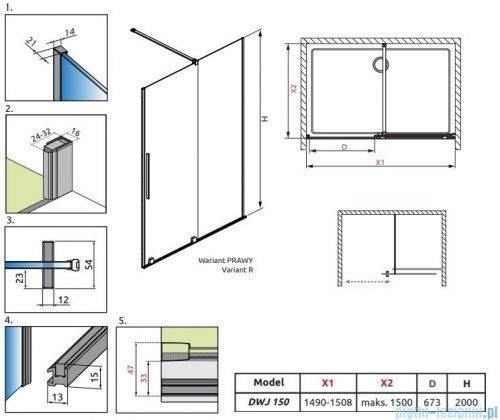 Radaway Furo Brushed GunMetal DWJ drzwi prysznicowe 150cm prawe szczotkowany grafit 10107772-92-01R/10110730-01-01