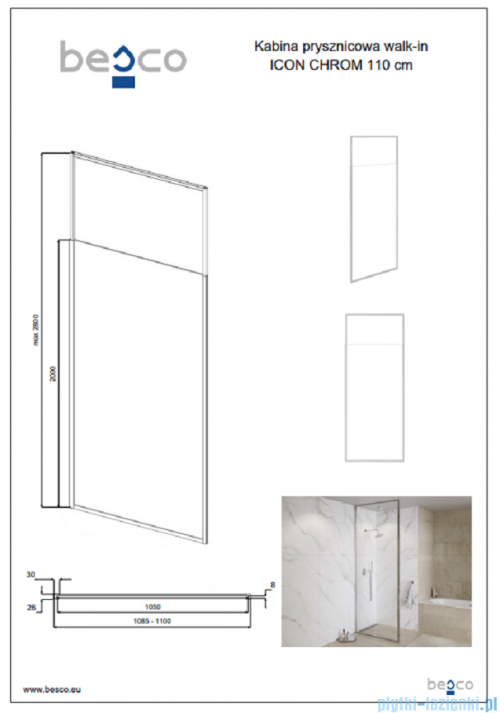 Besco Icon Chrom kabina walk-in 110x200cm przejrzyste ICH-110-200C