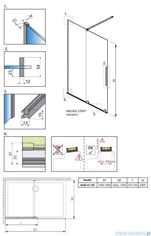 Radaway Furo Brushed Nickel kabina Walk-in 140x200cm lewa szczotkowany nikiel 10106738-91-01L/10110694-01-01
