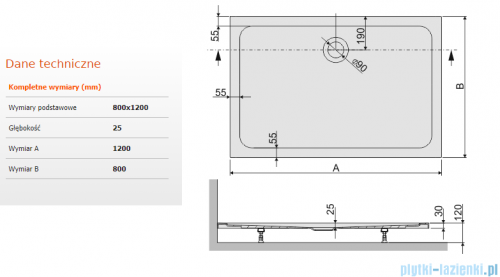 Sanplast Free Line brodzik prostokątny B/FREE 80x120x2,5cm+stelaż 615-040-4390-01-000