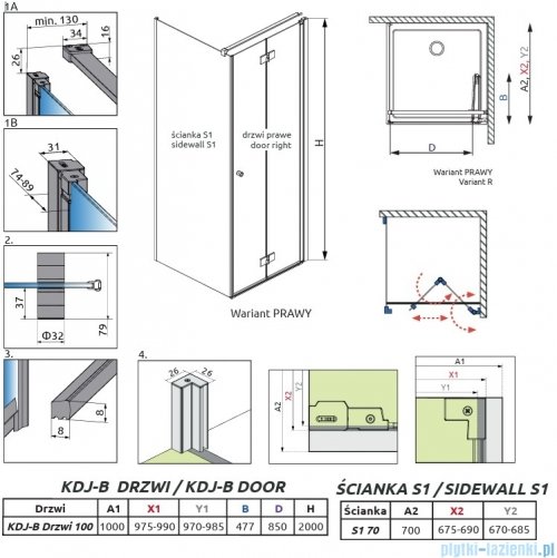 Radaway Nes Kdj B Brushed Nickel kabina 100x70cm prawa szczotkowany nikiel 10025100-91-01R/10039070-01-01