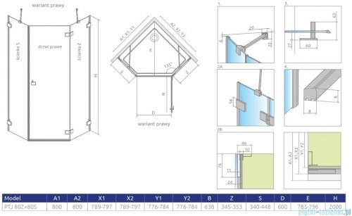 Radaway Essenza Pro Brushed Copper Ptj kabina pięciokątna 80x80 prawa szczotkowana miedź 10100000-93-01R/10100100-01-01