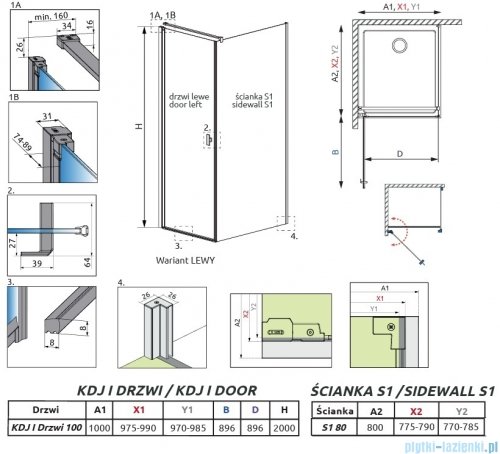 Radaway Nes 6 Kdj I Brushed Light Gold kabina 100x80cm lewa szczotkowane jasne złoto 10022100-98-01L/10039080-01-01
