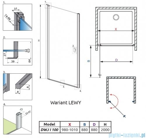 Radaway Nes Brushed Light Gold Dwj I Drzwi wnękowe 100cm lewe szczotkowane jasne złoto szkło przejrzyste 10026100-98-01L