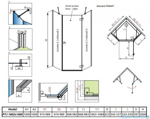 Radaway Essenza 8 Ptj kabina pięciokątna 100x100cm prawa szkło przejrzyste 10490000-01-01R/10490300-01-01 