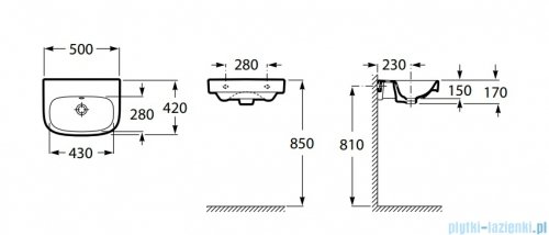Roca Debba umywalka ścienna 50x42 cm bez otworu na baterie biała A32599600N