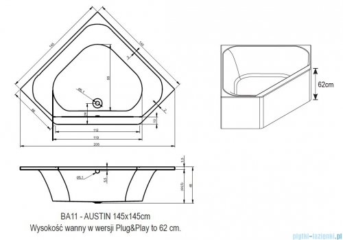 Riho Austin Plug&amp;Play wanna symetryczna 145x145cm z obudową + nóżki B005019005