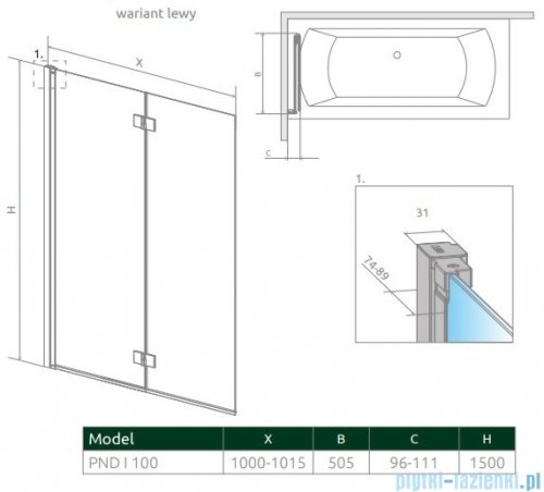 Radaway Nes Pnd I parawan nawannowy 100cm lewy przejrzyste 10010100-01-01L