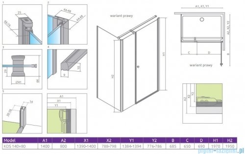 Eos KDS Radaway kabina prysznicowa 140x80 prawa szkło przejrzyste 37556-01-01NR