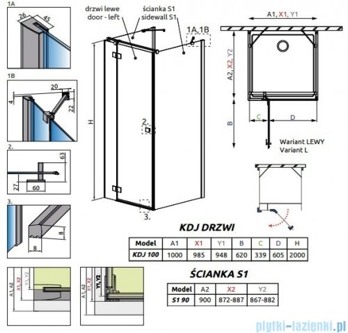 Radaway Essenza New Kdj+S kabina 90x100x90cm lewa szkło przejrzyste 385022-01-01L/384050-01-01/384050-01-01