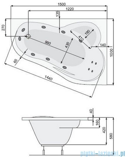 Poolspa Wanna asymetryczna LEDA 150x100 prawa + nogi PWAE410ZN000000