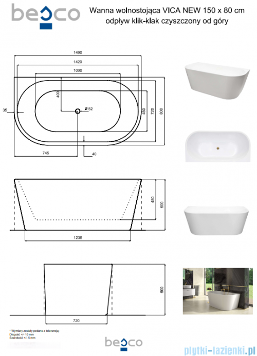 Besco Vica New wanna 150x80cm wolnostojąca przyścienna z odpływem klik-klak chrom #WAS-150VNO