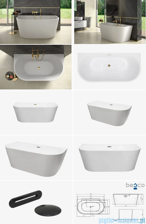 Besco Vica New wanna 170x80cm wolnostojąca przyścienna z przelewem szczelinowym slim syfon klik-klak czarny matt #WAS-170VNCZ