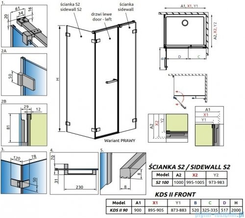 Radaway Arta Kds II kabina 90x100cm prawa szkło przejrzyste 386521-03-01L+1386101-03-01+386112-03-01