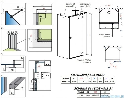 Radaway Essenza Brushed Gold Kdj+S kabina 90x120x90cm prawa szczotkowane złoto 1384050-01-01/1385024-99-01R/1384050-01-01