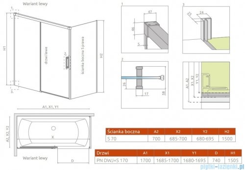 Radaway Idea Pn Dwj+S parawan nawannowy 170x70cm lewy przejrzyste 10042170-01-01L/10005070-01-01R
