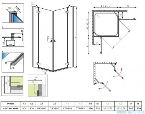 Radaway Kabina prysznicowa Almatea Kdd 90x80 szkło intimato 32186-01-12N