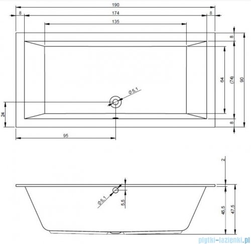 Riho Lugo wanna prostokątna 190x90cm nóżki+syfon B136001005/207095/19975