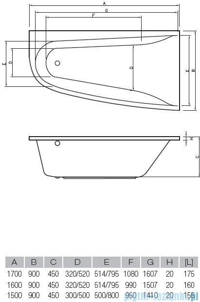 Vayer Bumerang 150x90cm Wanna asymetryczna lewa