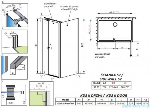 Radaway Eos KDS II kabina prysznicowa 90x75 lewa przejrzyste 13799481-01L/13799429-01