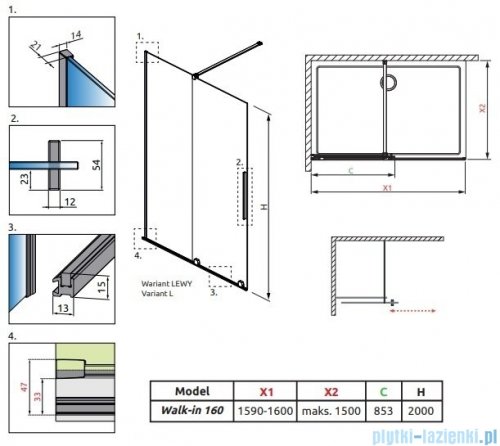 Radaway Furo Gold Walk-in kabina 160x200cm lewa szkło przejrzyste 10106838-09-01L/10110794-01-01