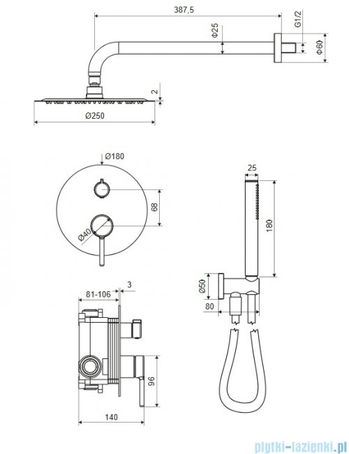 Excellent PI zestaw prysznicowo-wannowy podtynkowy 3 funkcyjny z deszczownicą 25 cm biały mat AREX.SET.1247WH