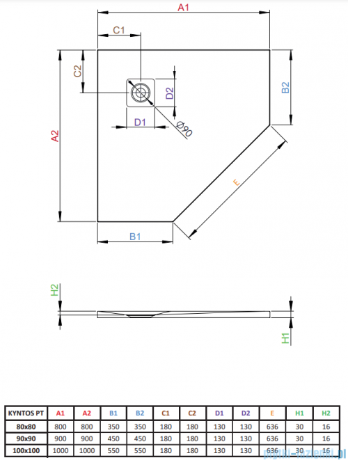 Radaway Kyntos PT  brodzik pięciokątny 80x80x3cm biały HKPT8080-04