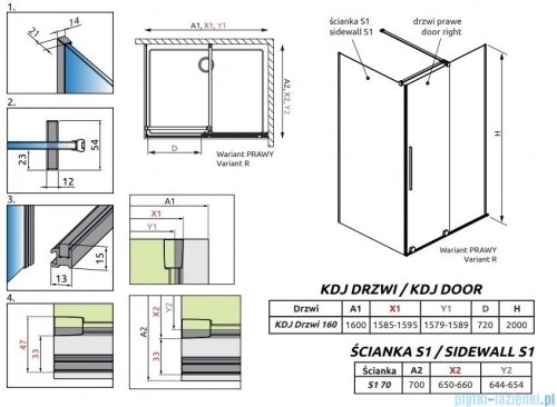 Radaway Furo Kdj Brushed GunMetal kabina 160x70cm prawa szczotkowany grafit 10104822-92-01R/10110780-01-01/10113070-01-01