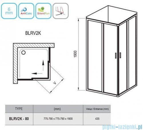 Ravak Blix BLRV2K drzwi prysznicowe 1/2 80cm aluminium transparent Anticalc 1XV40C00Z1
