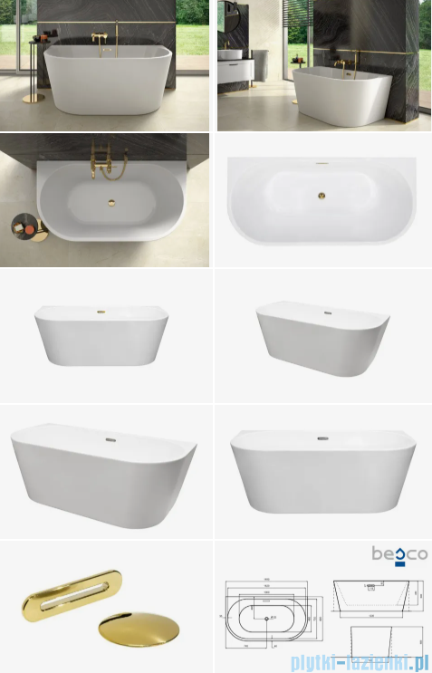 Besco Vica New wanna 160x80cm wolnostojąca przyścienna z przelewem szczelinowym slim syfon klik-klak złoty #WAS-160VNZL