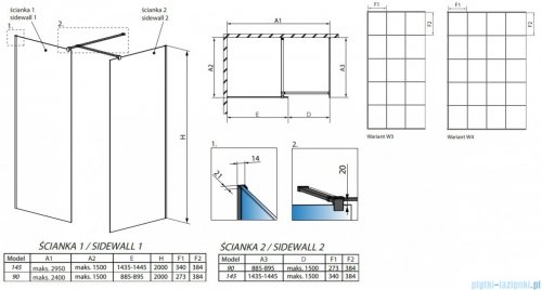 Radaway Modo New Black III kabina Walk-in 145x90x200 Factory rysunek techniczny