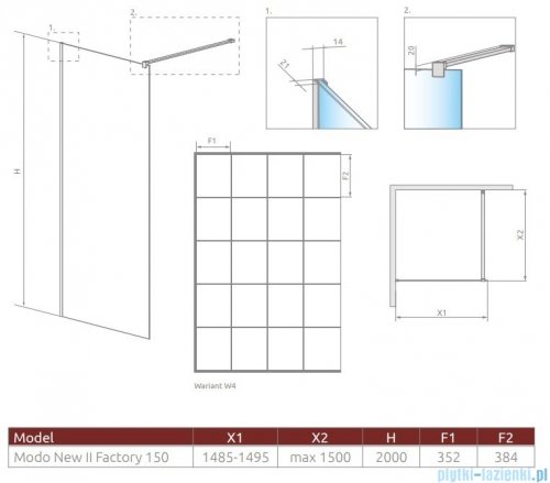 Radaway Modo New Black II 150x200 Factory kabina Walk-in czarny mat/szkło przejrzyste 389154-54-55