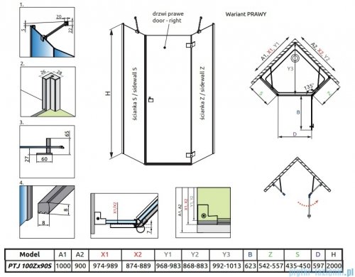Radaway Essenza 8 Ptj kabina pięciokątna 100x90cm prawa szkło przejrzyste 10490000-01-01R/10490900-01-01