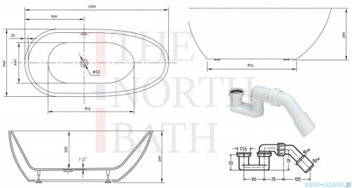 The North Bath Loki wanna wolnostojąca 130X70cm z korkiem i przelewem CZARNYM 6402-1301OEMBL