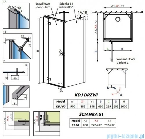 Radaway Essenza New Kdj+S kabina 80x90x80cm lewa szkło przejrzyste 385020-01-01L/384051-01-01/384051-01-01