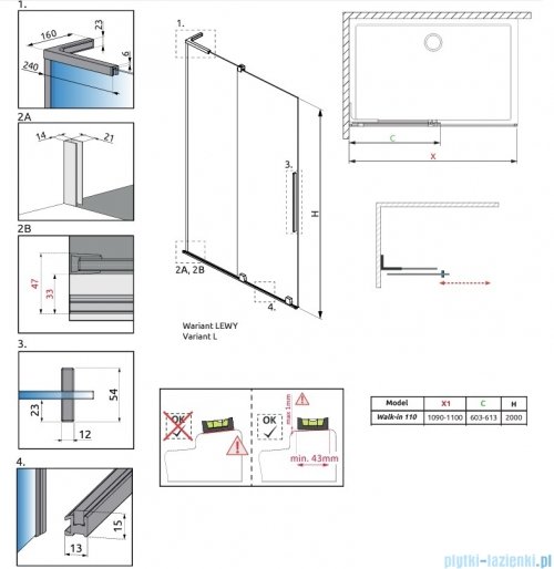 Radaway Furo SL Brushed GunMetal kabina Walk-in 110x200cm lewa szczotkowany grafit 10306588-92-01L/10110544-01-01